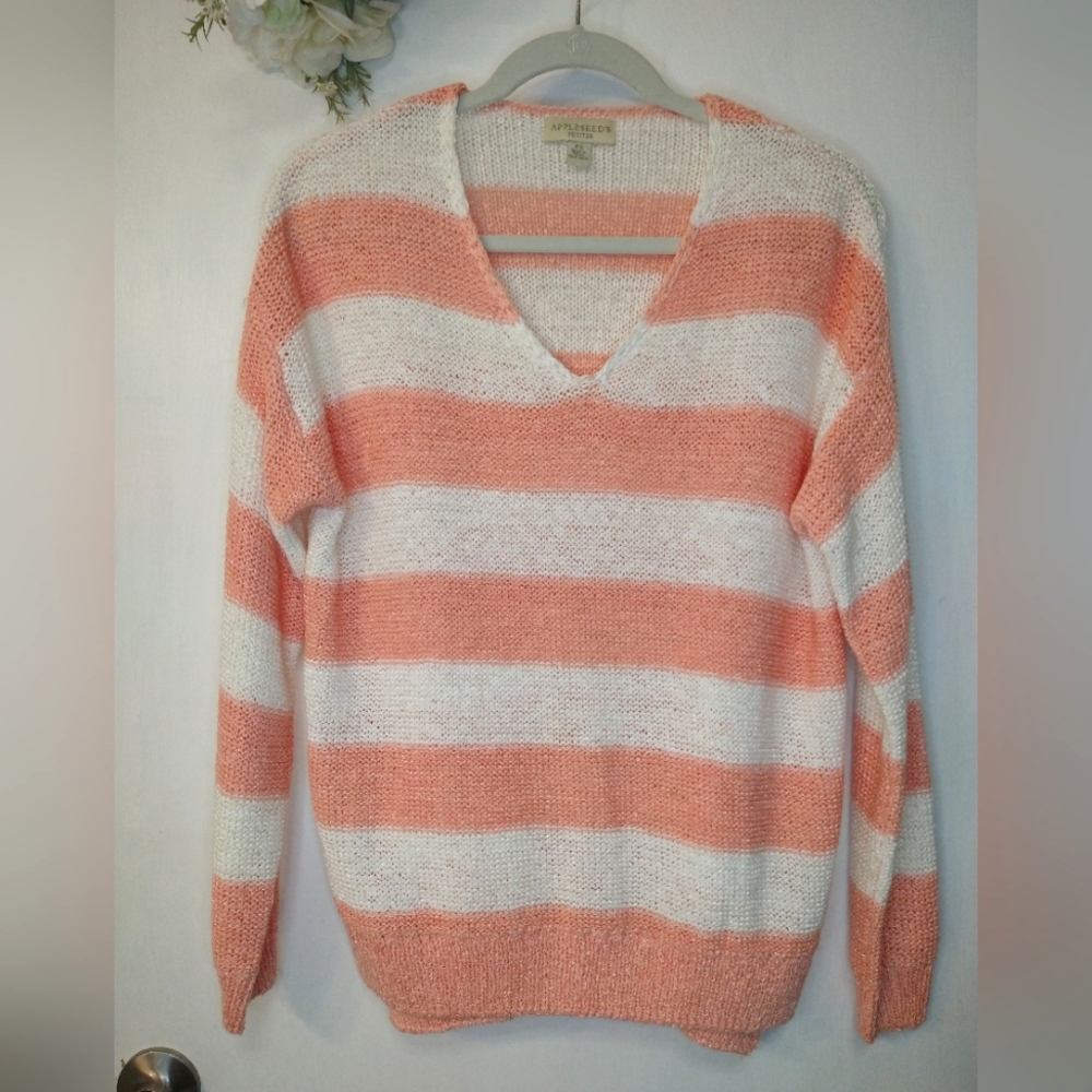 Appleseed's Petites Peachy Pink & White Striped Vneck Knit Sweater